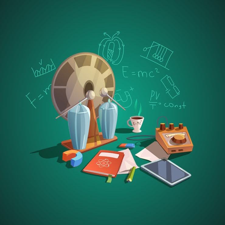 STEM lab desk with physics wheel, notebooks, and equations on a chalkboard, highlighting inquiry and experiment culture in the NIIT Math Lab.